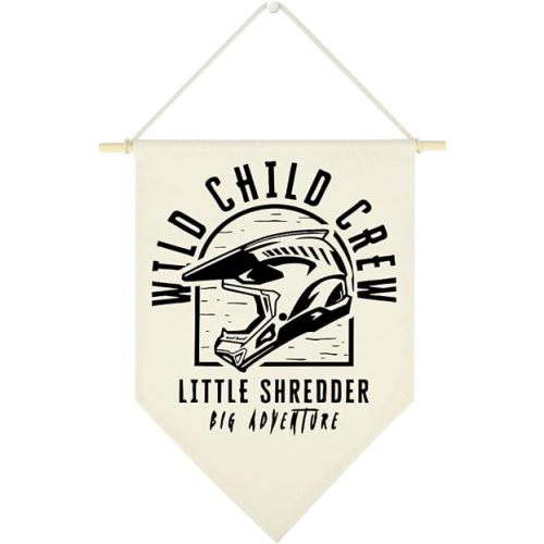 Wzotiy Playroom Car Decorations Wild Child Crew Boy Room Motocross Racing Pennant Flag Banner Wall Hanging Decor for Car Room Decor for Boys Playroom Nursery 16x14 Inch