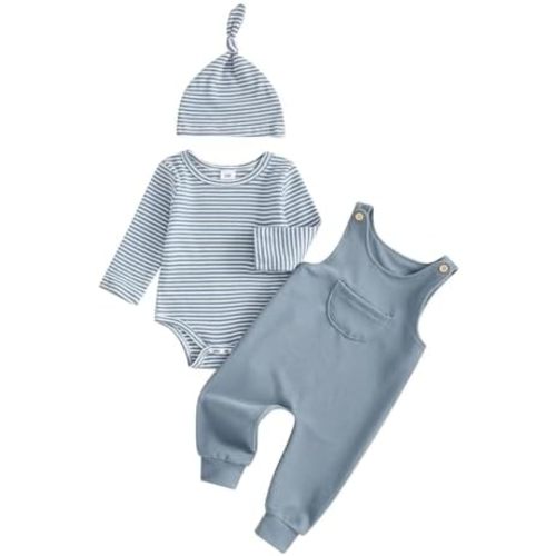 Newborn Baby Boy Clothes Long Sleeve Waffle Striped Romper Overalls Pants Hat 3Pcs Infant Fall Winter Spring Outfits