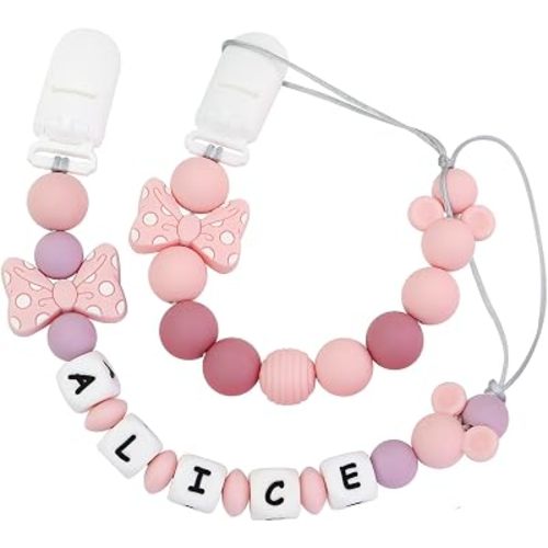 Personalized Pacifier Clip with Name, Customizable Pacifier Clip (2 Pack) (Mouse-Pink)