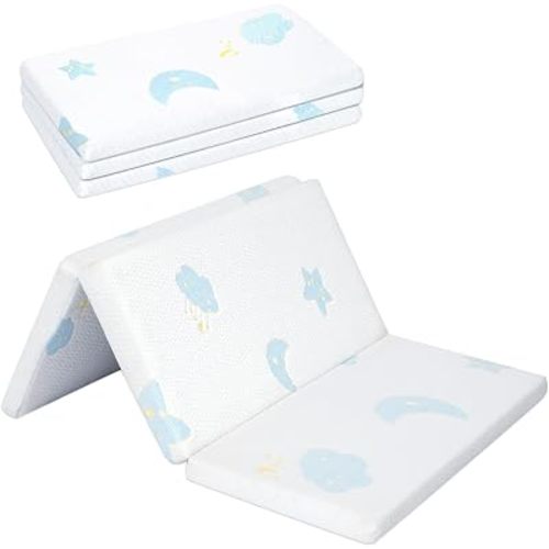 Pack and Play Mattress Pad, Trifold Portable Crib Pack N Play Mattresses, 38" x 26" x 1.5" Jacquard Playpen Mattress for Travel Soft Play Yard Mattress with Washable Cover, Moon/Star