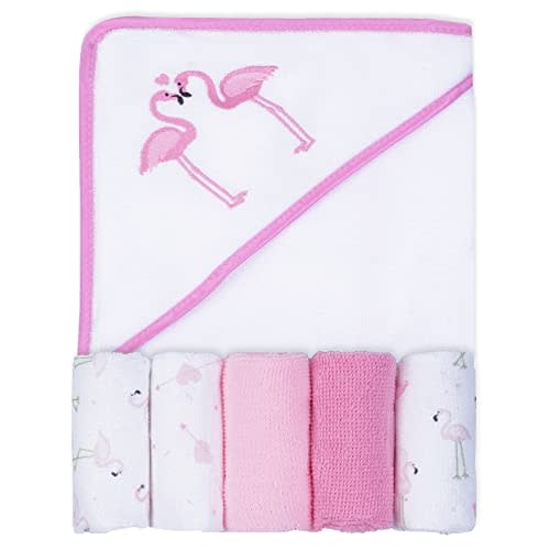 Viviland Baby Towels and Washcloths, Soft Absorbent Baby Girl Bath Towel Set, Flamingos Hooded Towels with 5 Infant Washcloths (6 Pieces)