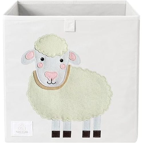Two Cubs Foldable Kids Toy Storage Box - 13"x13" Cube Organizer Bin with Durable 2.6mm Plastic Plate Boards, Sheep Design in White - Collapsible Nursery & Playroom Storage, Fits IKEA Kallax Shelves