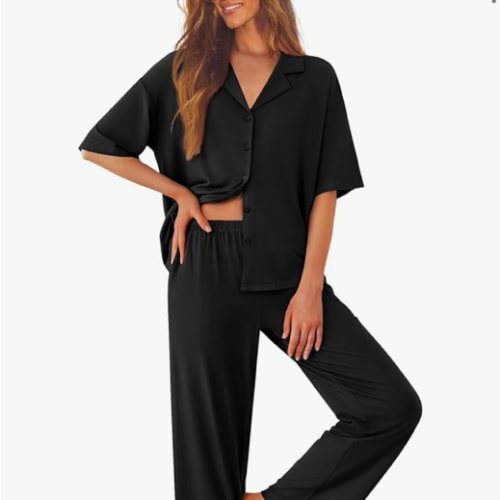 Ekouaer Women Pajamas Set Button Down Sleepwear Short Sleeve Pjs Soft Comfy Nightwear with Long Pants S-XXL