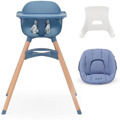 Lalo The High Chair Infant Kit - Convertible Wooden High Chair for Babies & Toddlers with Infant Support & Cushion, Grows with Your Child, Dishwasher Safe Tray, Adjustable Footrest Blueberry