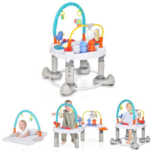 OLAKIDS 5 in 1 Activity Center with 8 Toys, Play Mat, 360°Rotating Seat, Foldable Infant Learning Table with 3 Adjustable Height for 0-24 Months