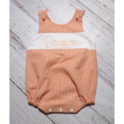 Handmade Baby Gingham Romper, Orange Bubble Outfit