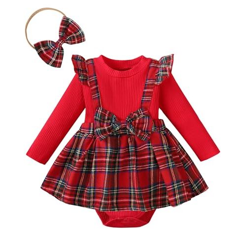 Coaturi Baby Girl Clothes Sets: 2 Piece Long Sleeve Top Plaid Romper with Headband Fall Winter Outfit for Infant 0-24 Months