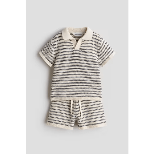 2-Piece Cotton-Knit Set in Light Beige/Black Striped, 12M