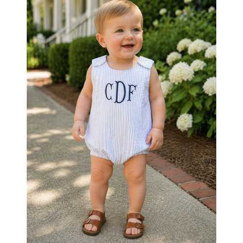 Seersucker Baby Boy Bubble Romper Monogram Outfit Blue Striped Baby Romper Personalized Baby Clothes Southern Baby Outfit Summer Outfit