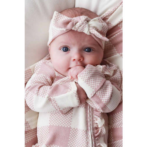 Big Check Bamboo Waffle Zipper Ruffle Footie | Rosy