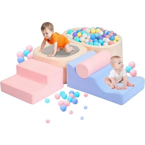 MIND&ACTION 6-Piece Toddler Climbing Toys Indoor with Ball Pit, Climbing Toys for 1+ Year Old, Soft Play Set Baby Foam Blocks for Toddler 1-3 (Ball Not Included)