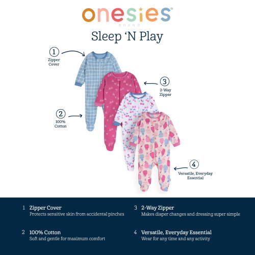Onesies Baby Girl Sleep 'n Play Footed PJs 4-Pack, Sizes Newborn-6/9 Months