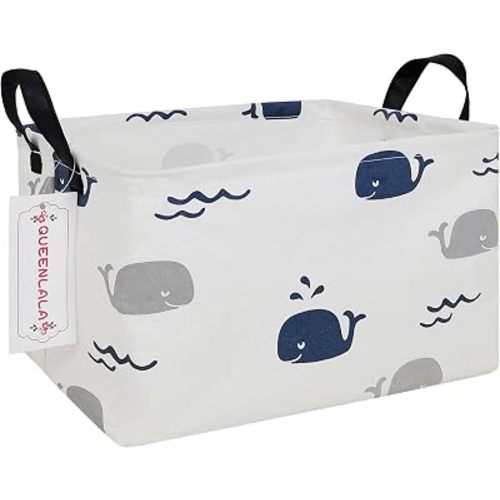 Rectangular Collapsible Laundry Basket with Side Handles, Blue Cute Whale