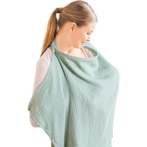 Konssy Muslin Nursing Cover for Baby Breastfeeding, Breathable 100% Cotton Breastfeeding Cover with Rigid Hoop for Mother Nursing Apron, Multi-use Carseat Canopy (Green)