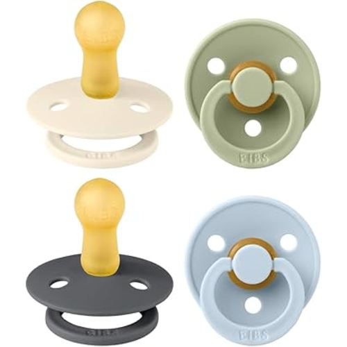 BIBS Colour Soother 4-Pack | BPA Free Dummy Pacifier | Round Nipple | Natural Rubber Latex | Made in Denmark | Size 6-18 Months | Iron Mix