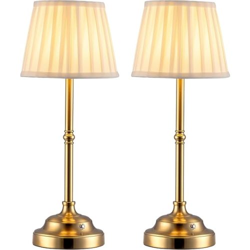 KDG Cordless LED Table Lamp Set of 2, Portables Fabric Shade Desk Lamps, 4000mAh Rechargeable Battery Powered Lighting, Dimmable Light for Dining Room, Bedroom, Bedside, Night Light, Balcony (Bronze)