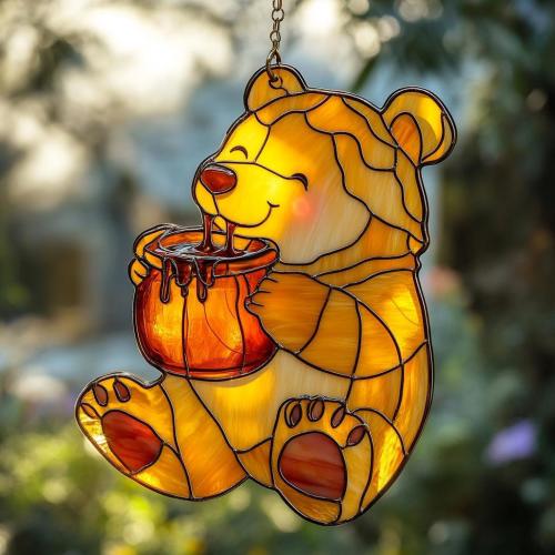 Bear with Honey Pot Acrylic Window Hanging – Cute Animal Decor or Baby Room Gift for Kids or Nature Lovers, Winnie the Pooh Inspired Decor