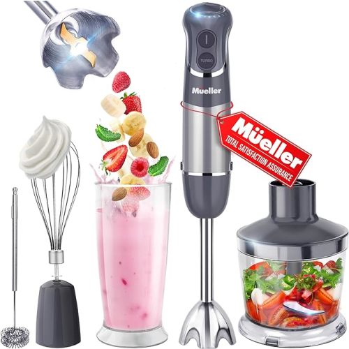 Mueller Multistick 800W 3-in-1 Immersion Blender Handheld, 12 Speed with Turbo Boost, Heaviest Duty Copper Motor, Titanium Blades Hand Blender, Ergonomic Grip, Whisk, Beaker, Chopper - Gray