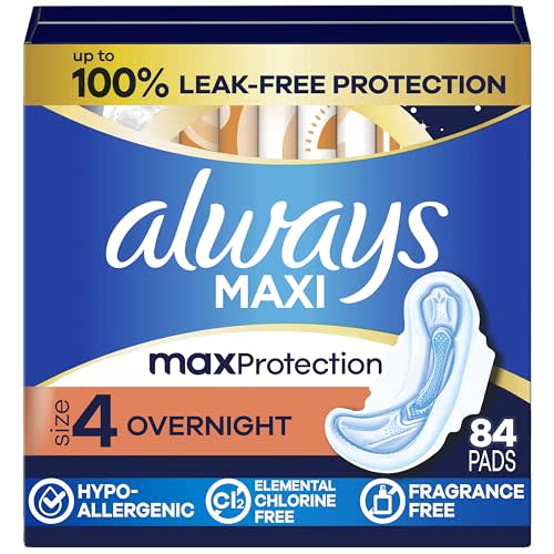 Always Maxi Overnight Pads with Wings for Women, Size 4, Overnight Absorbency, Unscented, 84 Count (3 Packs of 28)