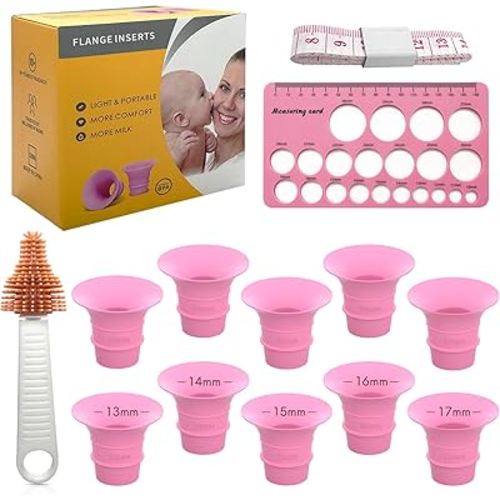 Yeabetter Flange Sizing Kit with 10PCS 13/14/15/16/17mm Flange Inserts for 24mm Most Breast Pump, Silicone Flange Size Kit 3 in 1 Include Nipple Ruler, Cleaning Brush, Pumping Breastfeeding Essentials