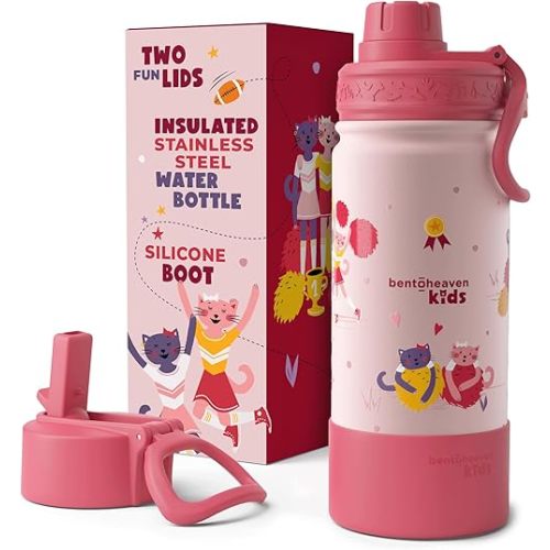Bentoheaven Kids Water Bottle Stainless Steel for Boys & Girls, 2 Lids (Chug & Straw), Handle & Silicone Boot, Reusable Metal Leak-proof Insulated Tumbler, School & Sports 17oz (Pink)