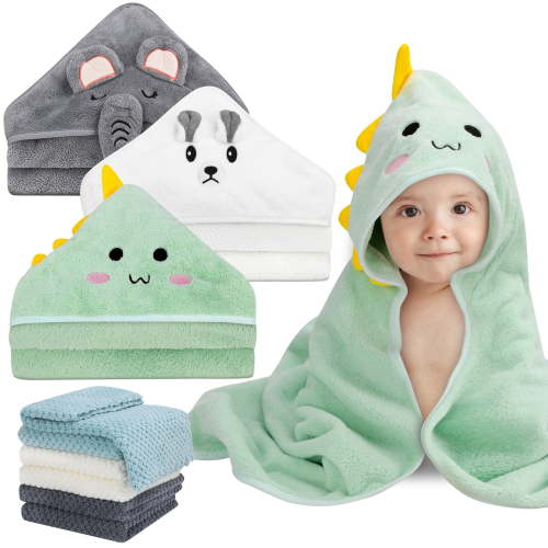 KABOER Baby Bath Towel, 9 Pcs Baby Hooded Towels and Washcloth Set, Coral Fleece Absorbent Soft Baby Towels for Newborn, Cartoon Animal Hooded Bath Blanket for Kids Toddler Infant Shower