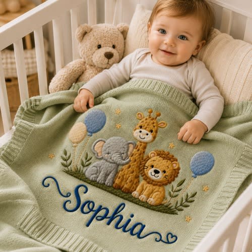 Personalized Safari Animal Embroidered Knit Baby Blanket, Custom Name Jungle Balloon Keepsake, Welcome Baby Nursery Keepsake, Newborn Gift