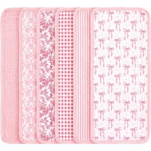 Gilprop 6 Pack Pink Muslin Baby Burp Cloths for Baby Girls, 21''x10'' Large 100% Cotton Burping Cloths, Pink Bow Printing Soft Absorbent Spit up Burp Rags for Nursery Newborn Girls Boys