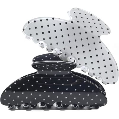 2 Acetate Hair Claw Clip for Women, 3.8-Inch Black and White Polka Dot Big Hair Clips Strong Hold No Slip Claw Clips for Thick or Thin Hair