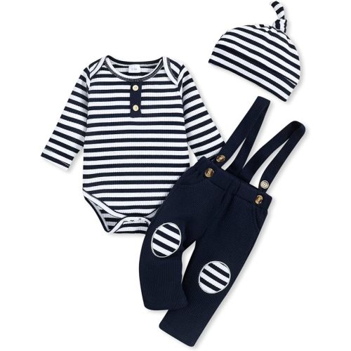 Unisex Baby Romper Striped Long-sleeve Romper and Baby Waffle Overalls with a Hat Set 0-24 Months - 0-3 Months - Deep Blue