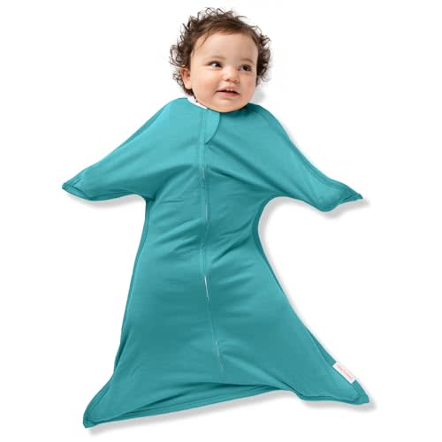 SleepingBaby Zipadee-Zip Transition Swaddle - Cozy Baby Swaddle Blanket with Zipper Convenience - Roomy Wearable Blanket for Easy Diaper Changes - Classic Teal, Small (4-8 Month)