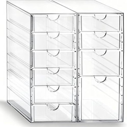 Prsildan Acrylic Drawer Makeup Organizer with 6 Drawers (Not for Baby Bottle), Set of 2 Office Desk Organizers Accessories, Clear Stackable Storage Drawers for Vanity, Craft (Largest Drawer 4" Tall)