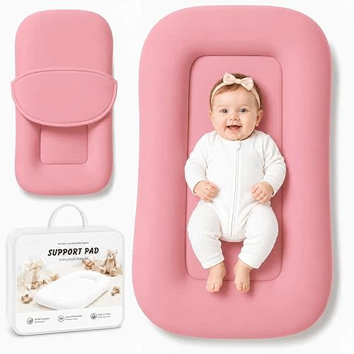 Baby Lounger for Newborns 0-24 Months - Soft Breathable Cotton Infant Support Cushion for Tummy Time & Play, Baby Essentials - Pink (Cover Included)