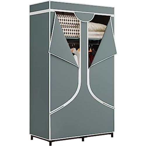 SORCEDAS Portable Wardrobe Closet Storage Organizer Metal Hanging Rack Non-Woven Fabric 34 Inch Grey