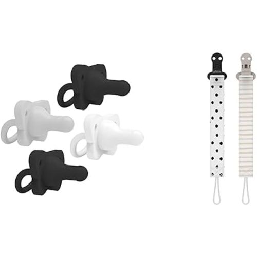 Dr. Brown's HappyPaci 100% Silicone Baby Pacifier, Contoured One-Piece Design, Gray, Black, White, 0-6m, 4-Pack + Dr. Brown's Pacifier Clips, Universal Fit, Dots and Stripes 0-18 Months, 2-Pack