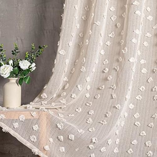 MYSKY HOME Pom Pom Beige Sheer Curtains for Bedroom Girls Room Curtains 84 Inches Long for Nursery Kids Light Filtering Boho Window Drapes, Rod Pocket, 52" Wide, 2 Panels