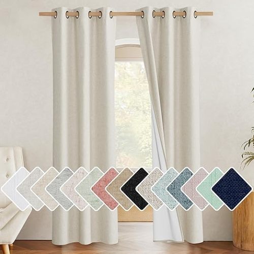 NICETOWN Farmhouse Style 100% Blackout Natural Linen Curtains 90 inches Length, 2 Panels, 42" W, Room Cooling Window Draperies with Thermal Insulated Liners for Dining Room