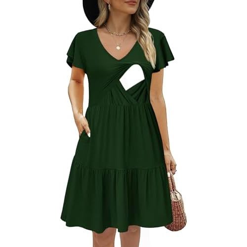 Women's Maternity Nursing Dress Ruffle Cap Sleeve Breastfeeding with Pockets
