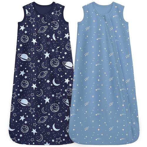 Unisex Baby Sleep Sack 6-12 Months 100% Cotton 0.5 Tog 2 Pack Lightweight Wearable Blanket for Toddlers Dark Blue Planet