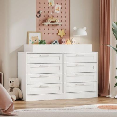Baby Changing Dresser with 8 Drawers – Wooden Nursery Dresser with Safety Rail & Open Shelf, Changing Table Station Space