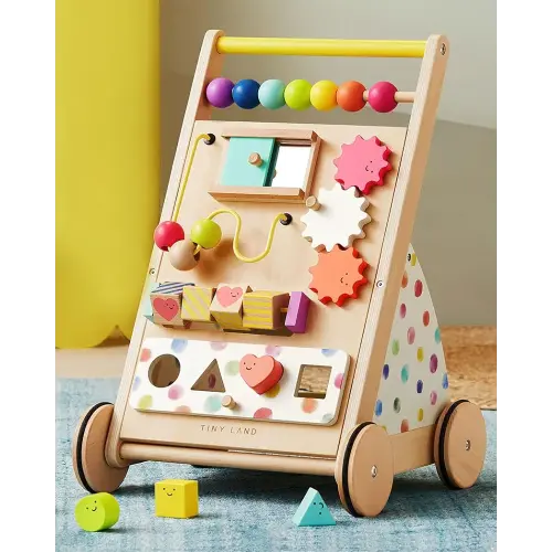 Tiny Land Wooden Baby Walker with Adjustable Speed, Montessori Activity Push Walker Toy for Toddlers, Colorful Learning Walker for Boys & Girls (Rainbow)