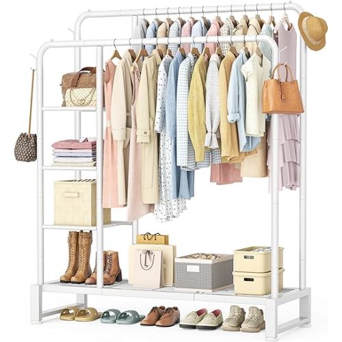 Double Rods Clothes Rack Clothing Rack with 4 Tier Storage Shelves Clothes Rack for Hanging Clothes Multifunctional Heavy Duty Clothes Organizer with Hooks for Bedroom,Wardrobe Closet,Shop,White