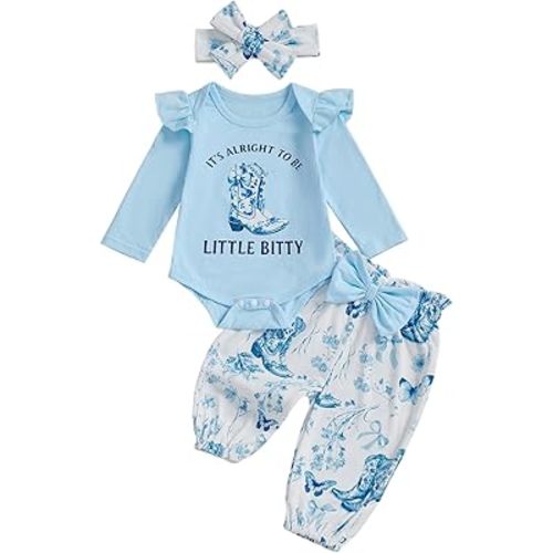 Western Newborn Baby Girl Fall Winter Clothes Cowgirl Ruffle Long Sleeve Romper + Jogger Pant 3Pcs Outfit Set