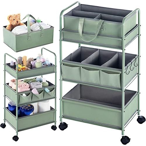Honeydak 2in1 Baby Diaper Caddy Organizer Cart 3 Tier Large Capacity Metal Utility Bedside Rolling Cart with Divider for Newborn Nursery Essential Must Have for Crib Bedroom Baby Shower(Green)
