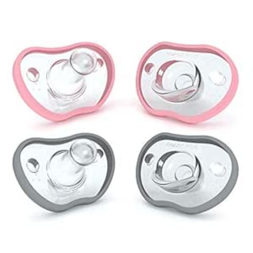 Nanobebe Baby Pacifiers 0-3 Month - Orthodontic, Curves Comfortably with Face Contour, Award Winning for Breastfeeding Babies, 100% Silicone, Baby Registry Gift 4pk,Pink/Grey
