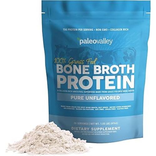 Paleovalley 100% Grass Fed Beef Bone Broth Protein Powder - Rich in Collagen Peptides for Hair, Skin, Gut Health, Bone and Joint Support - 15g Protein Per Serving - No Gluten or GMOs