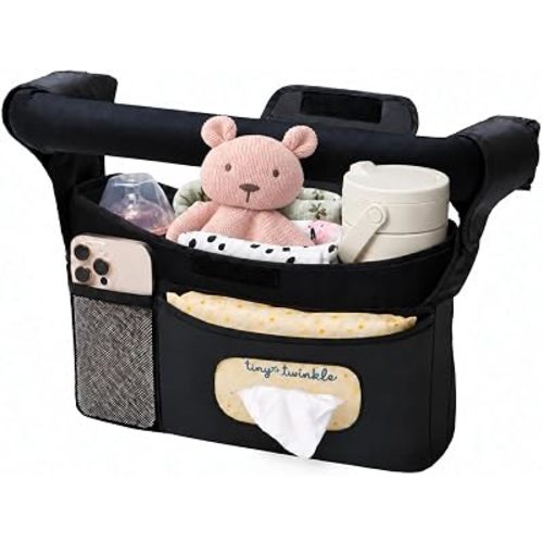 Tiny Twinkle Universal Stroller Organizer with Adjustable Straps | Lightweight, Waterproof Stroller Caddy with 2 Cup Holders & Wipes Pocket | Fits Nuna, Doona, UPPAbaby, Bugaboo & Britax (Black)