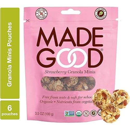 MadeGood Strawberry Granola Minis, 6 Pouches (3.5 oz/ea) Granola Clusters Made with Crunchy Oats and Juicy Strawberries; Convenient, Individually-Wrapped Portions; Allergy-Friendly, School-Safe Snack