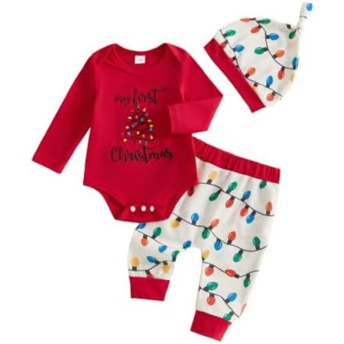 My First Christmas Baby Boy Outfit Long Sleeve Romper Pants And Hat
