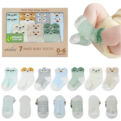 infancie Organic Baby Socks – 7 Pairs of Soft Infant Socks for Newborn Boys & Girls (0-6 Months) – Breathable, Cute Animal Design